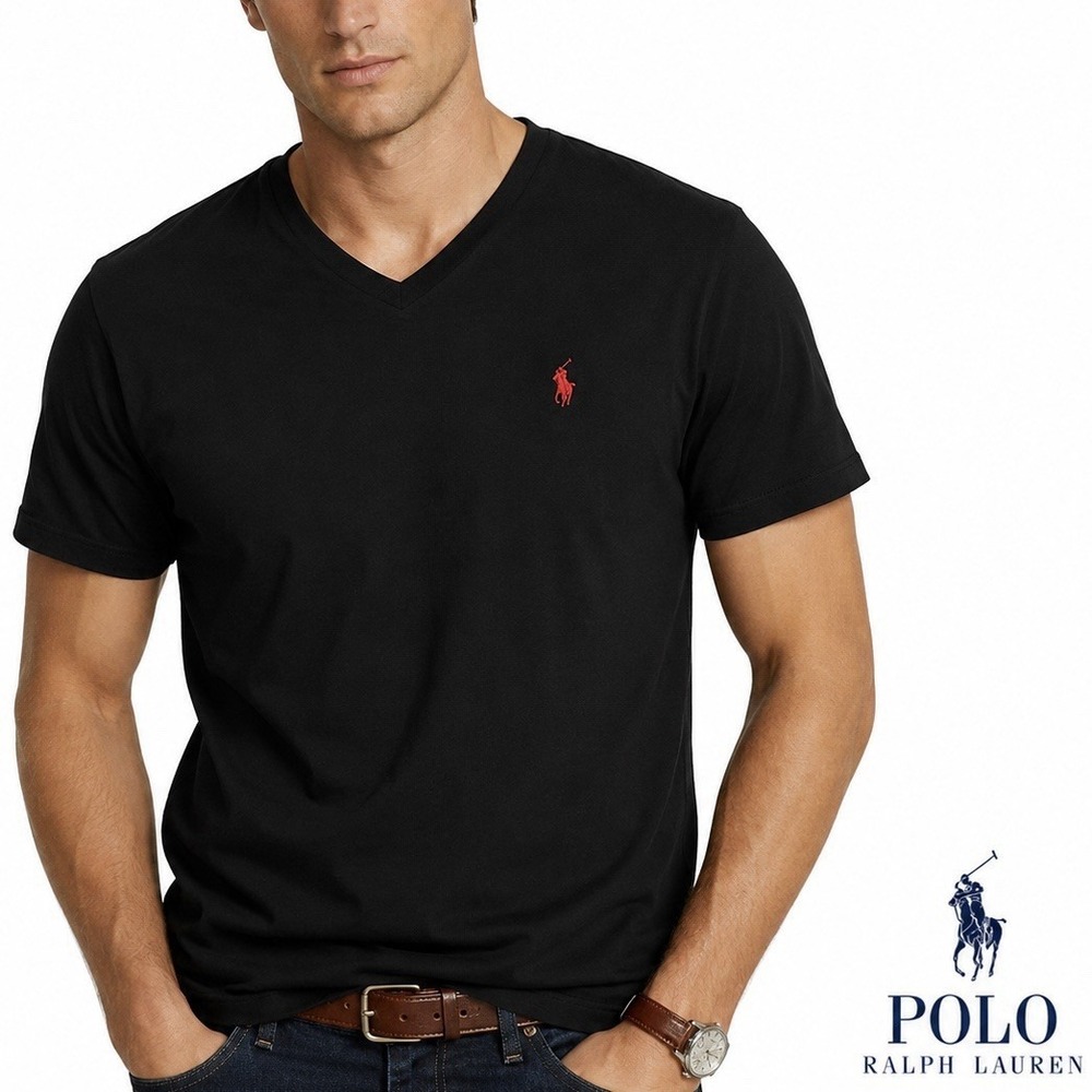 Polo Ralph Lauren Men's Short Sleeve V-Neck T-Shirt Solid Black Red Pony XL